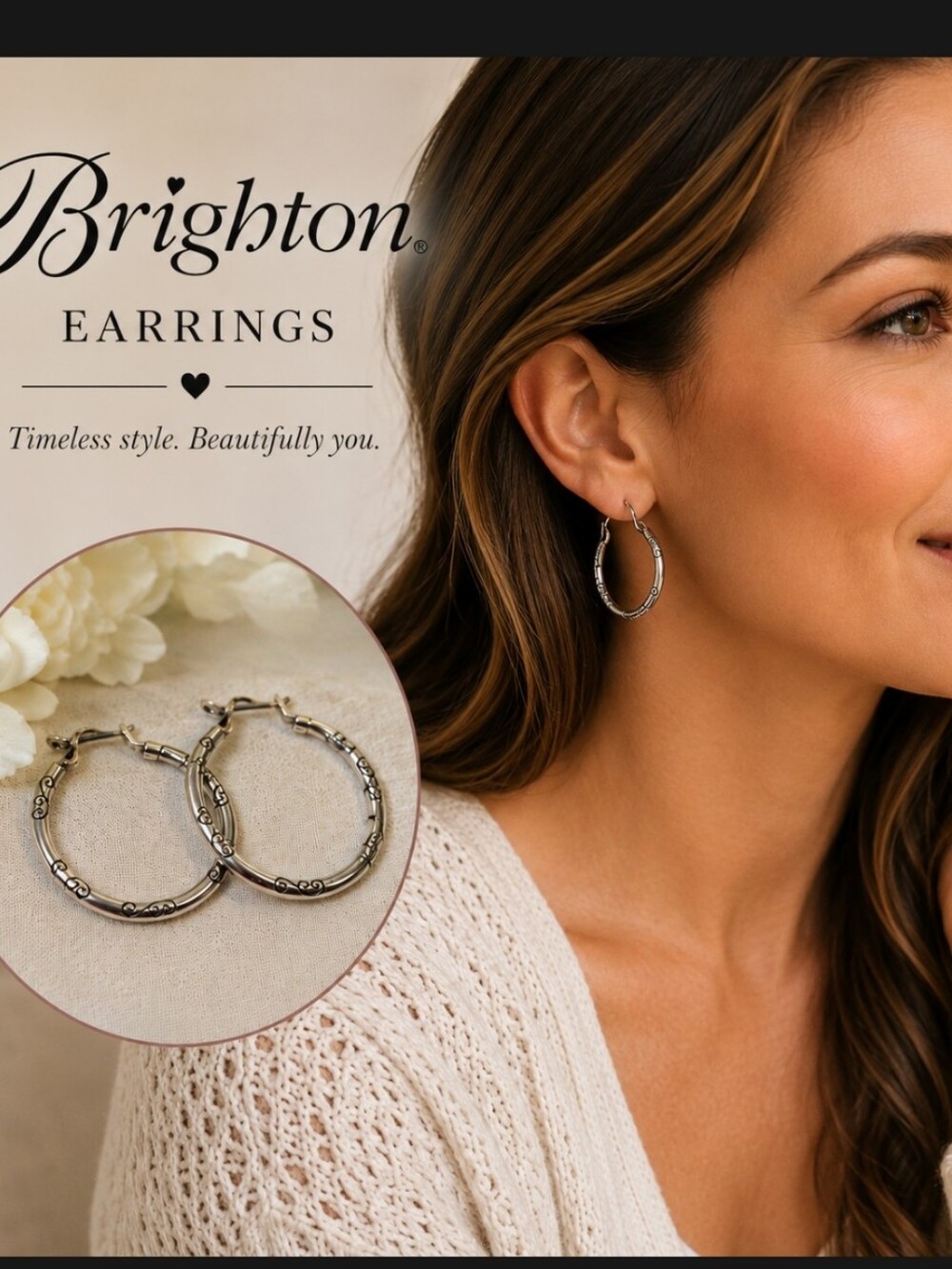 Brighton Silver Tone Scroll Hoop Earrings J19520 Classic Designer Hoops
